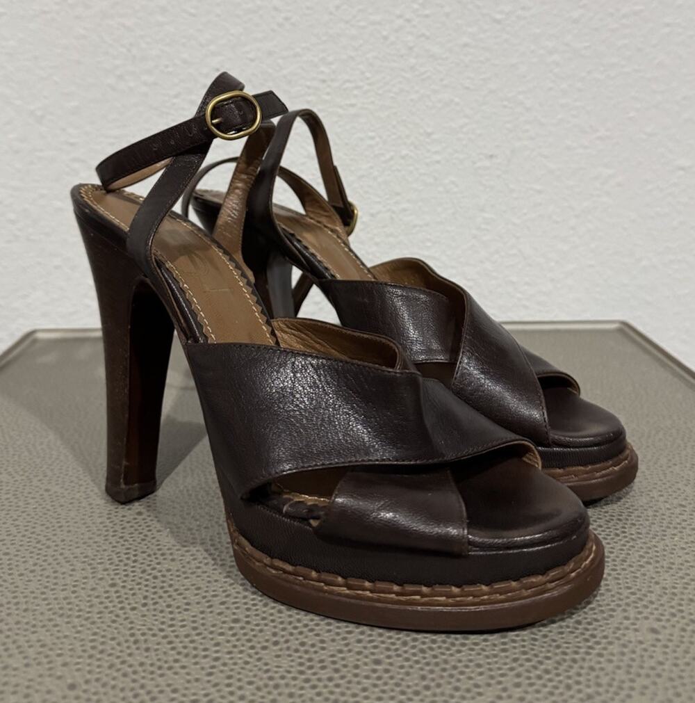 YSL RIVE GAUCHE AUTHENTIC ESPRESSO PLATFORM SANDAL HEELS VTG Y2K 38